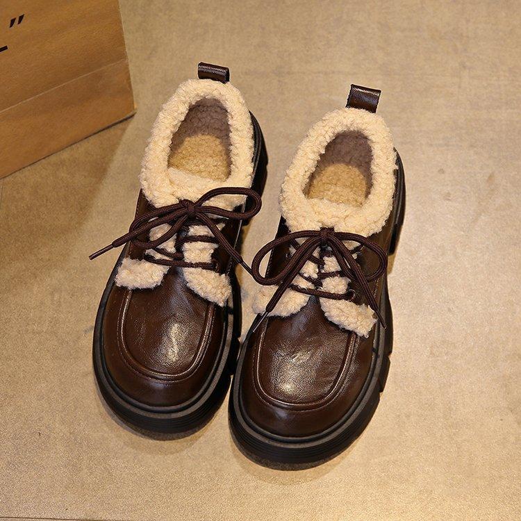 

Женские лоферы на платформе 2025 новая осень и зима плюшевые на толстом каблуке туфли-лодочки на высоком каблуке, японские пушистые маленькие кожаные туфли 40