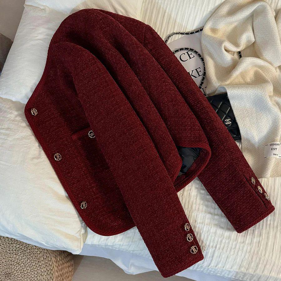 Elegant Black Tweed Round Neck Jacket - Autumn/Winter French Style