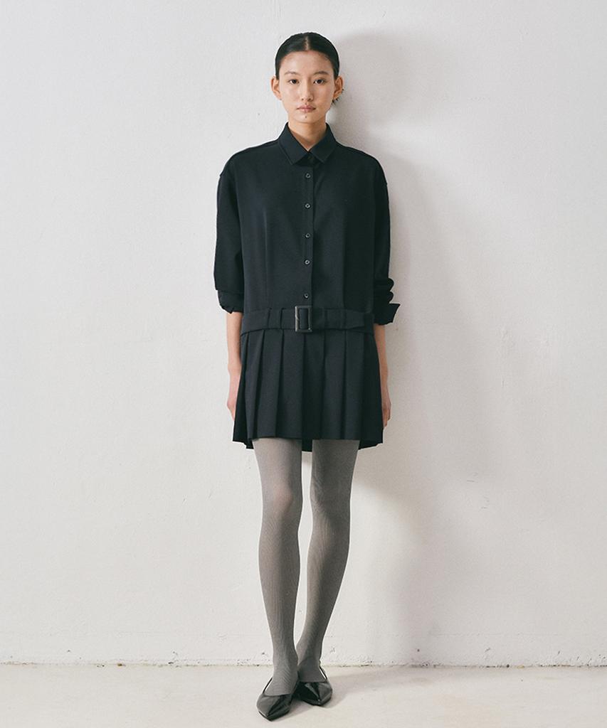 Reventina Low Belted Pleated Dress_Navy