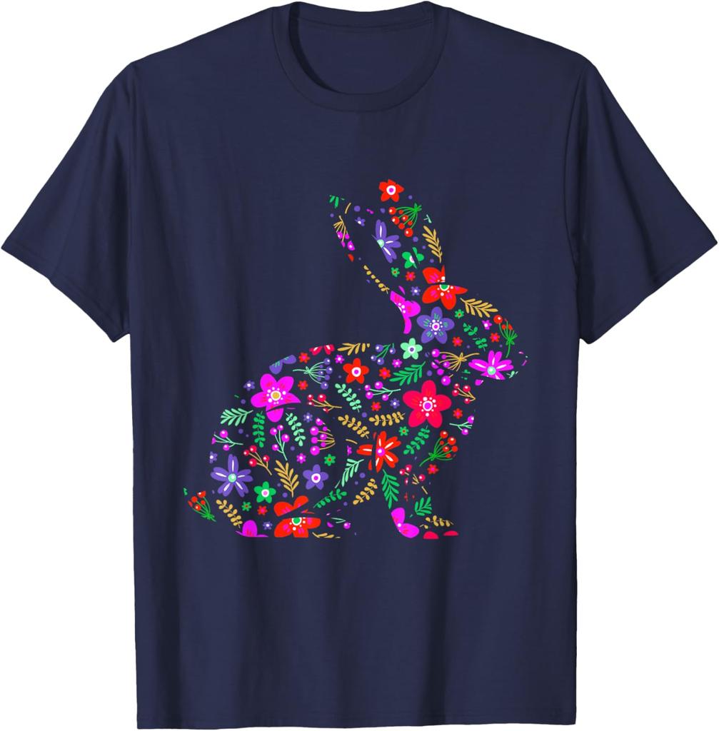 Floral Easter Bunny Rabbit Silhouette Spring Flowers Graphic T-Shirt Men Casual Trip