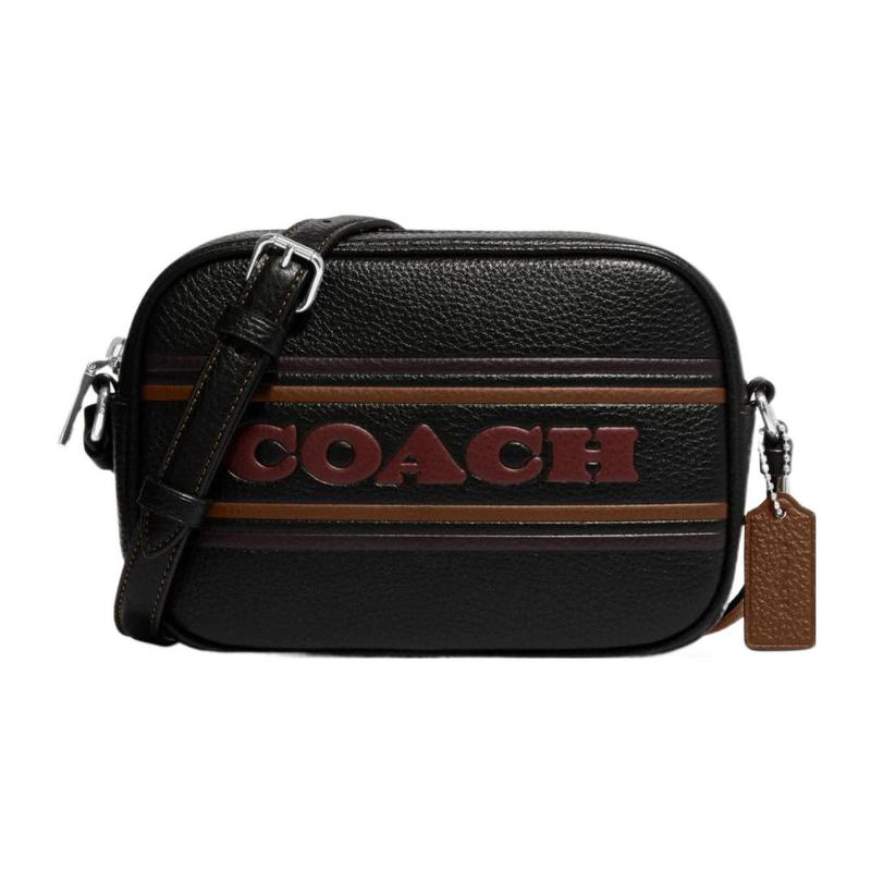 COACH Jamie 13 letter logo striped pebbled grain leather shoulder crossbody bag mini women s black чёрный