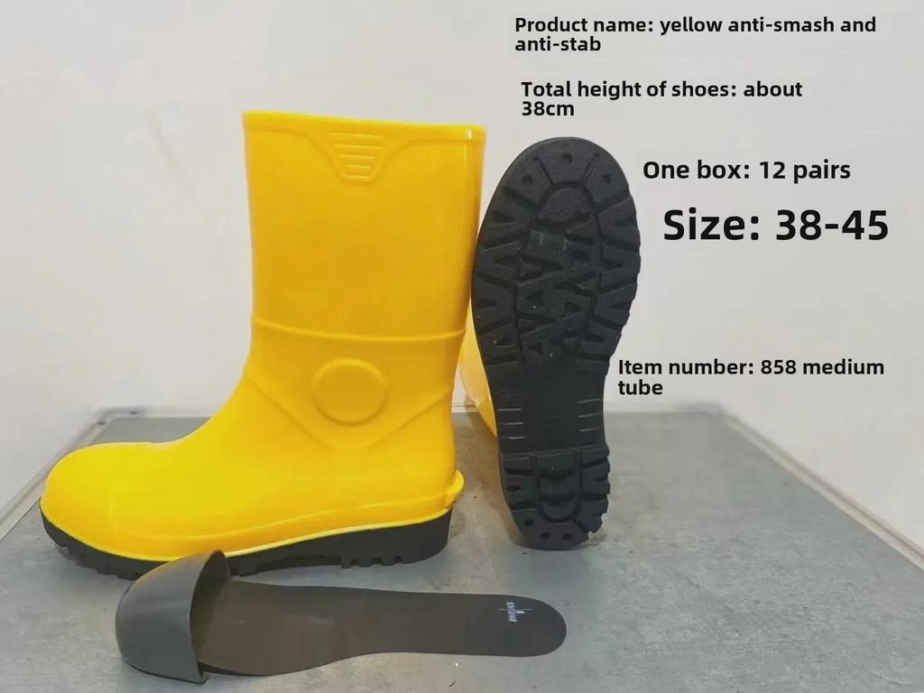 Men's Yellow Rain Boots: Mid To High Tube, Steel Toe, Anti-Smash, Anti-Puncture, Acid and Oil Resistant.