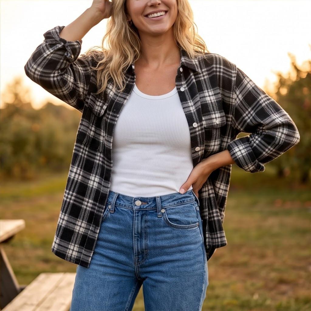 Damen Vintage Karomuster Flanellhemd Langarm Lockerer Schnitt Oberteil für Herbst Winter Streetwear