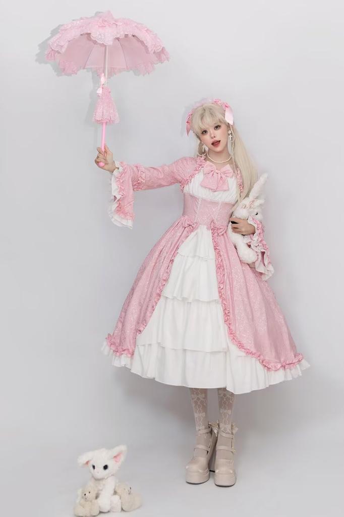 Yucahype Gothic Lolita Long Plus Sweet Lace Dress, Sleeves, Size, Ruffles, Costume, Lolita, Princess, Cosplay, Lolita, Ladylike, (L, Pink)