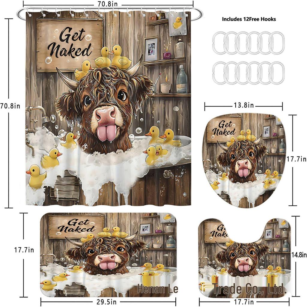 Cute Highland Cow Bathroom Set: Shower Curtain, Bath Mat, Toilet Lid Cover, 12 Hooks