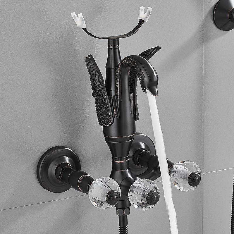 Set baterie pentru cadă și duș Tuqiu Baterie pentru cadă cu lebădă aurie montată pe perete, baie rece și fierbinte Baterie pentru baie și duș din alamă