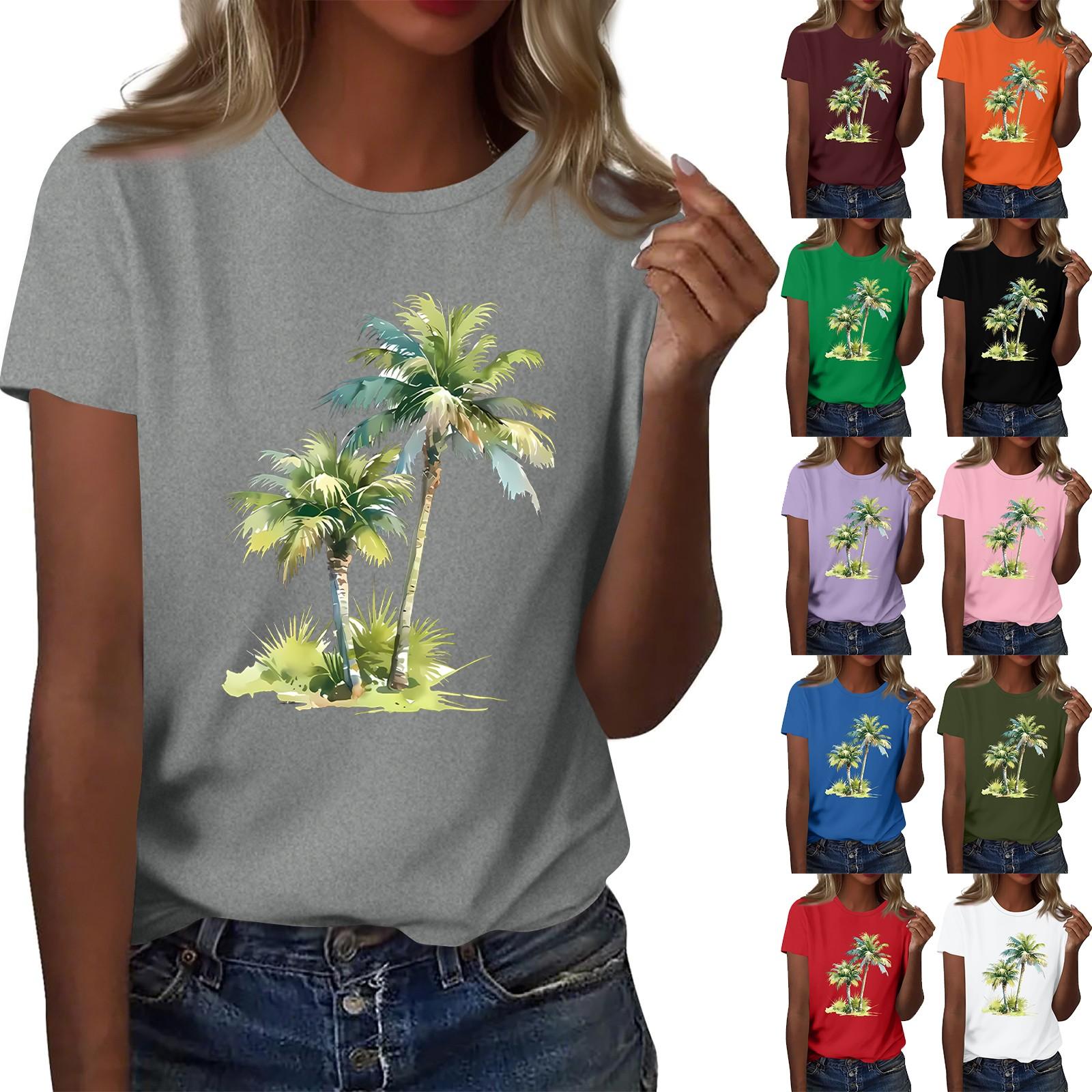 

Ladies Loose Comfortable Casual And Fashionable Hawaiian Plant Print Round Neck Short Sleeved Shirt XXL