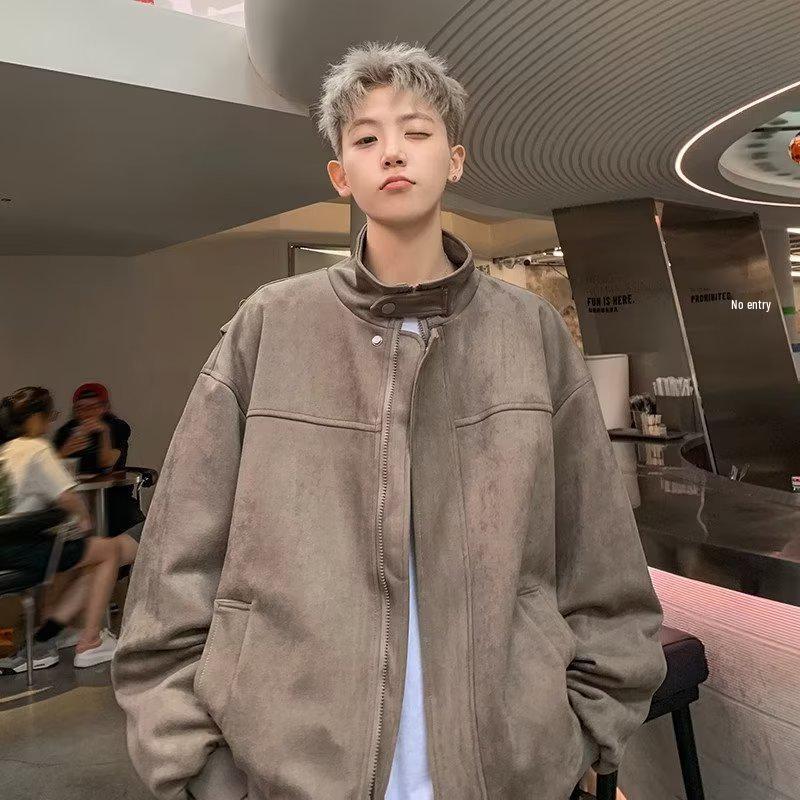 Men's Suede Plush Retro Stand Collar Jacket - Spring/Autumn 2025 Trendy Loose Fit