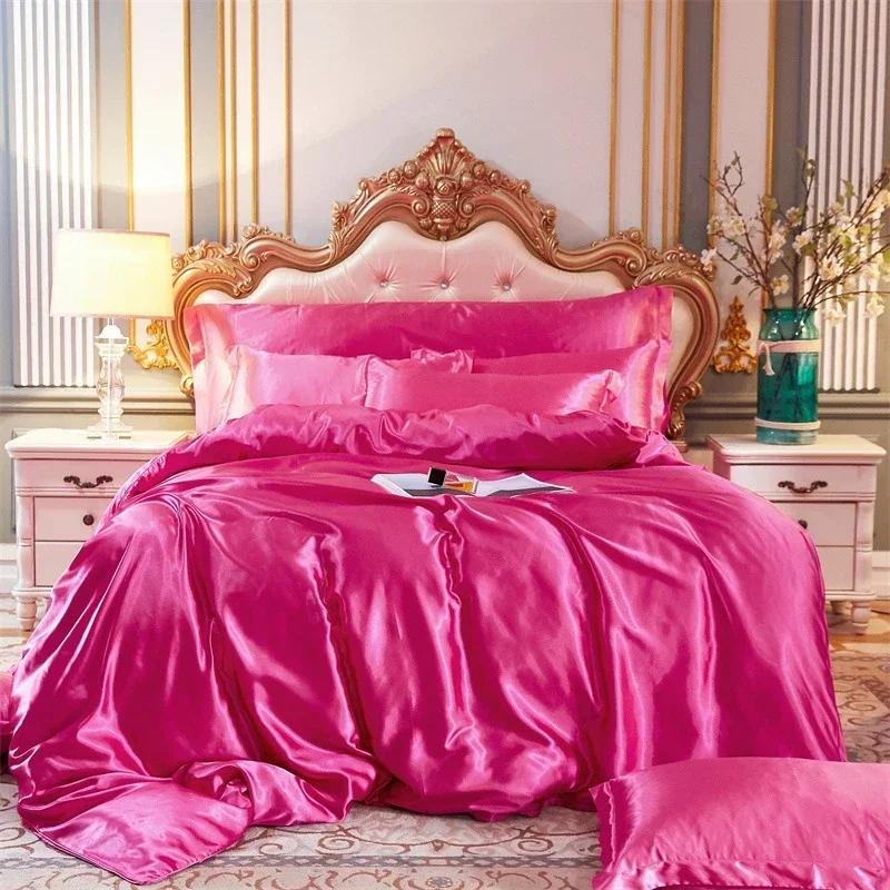Hochwertiges Fleckenschutz-Bettwäsche-Set Doppelbett Imitation Seide Luxus-Bettwäsche-Set Queen Bequeme Seidige Deckenhülle Bettdeckenbezug-Set
