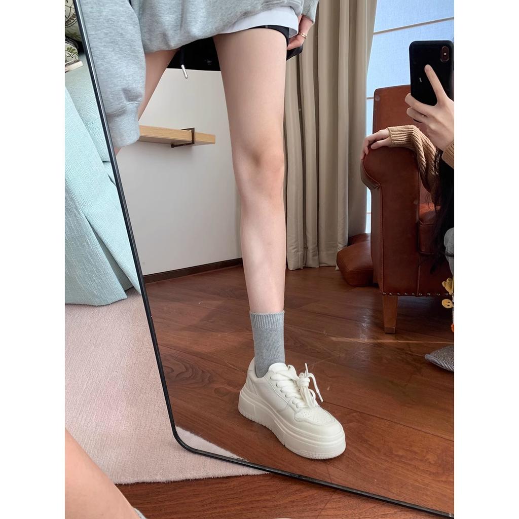 Cowhide Version~ Shows Long Legs and Reduces Age, Round Head Lace-up Board Shoes, Thick Soles and Velvet To Increase Height, Little White Shoes