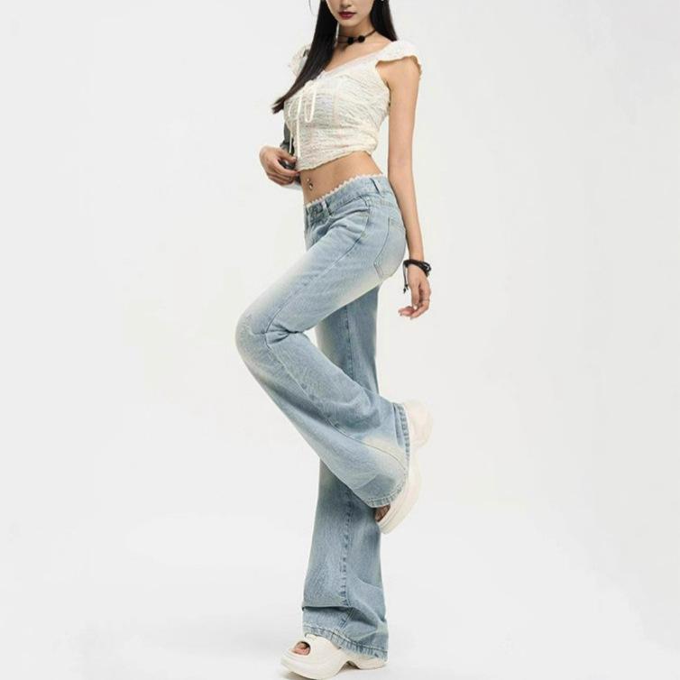 Lace Big Yards Light Blue Micro Flare Jeans Female Lace Low Waist Not Sticky Legs Skinny Straight Trousers Jeans for Women Long Denim Pants