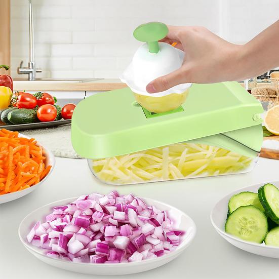 Gemüsehacker mit 8 Klingen Julienne-Schneider Würfelschneider Reibe Schäler Edelstahl Zwiebelhacker Unverzichtbares Küchenwerkzeug für Kartoffeln Karotten Zwiebeln