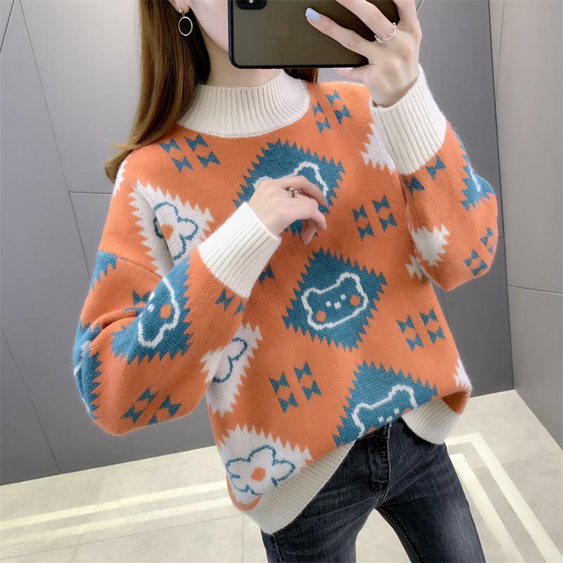 2024 Damenmode: Verdickter Jacquard-Lockerstrickpullover mit halbohem Kragen für Herbst und Winter