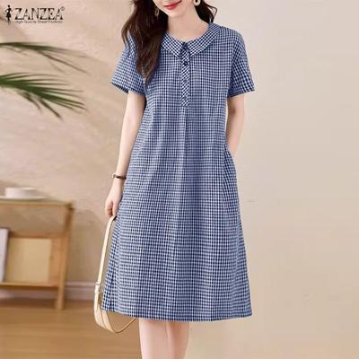 Women Casual Doll Collar Summer Short Sleeve Grid Print Dress