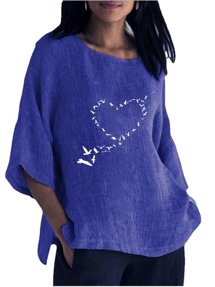 Women Fashion Cotton Linen Blouse Spring&summer 3/4 Long Sleeve Shirt Ladies Round Collar Pullover Loose Tops