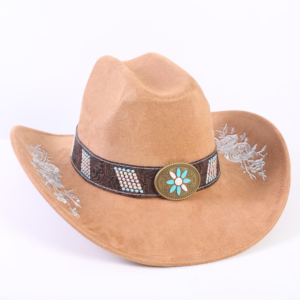 Popular European and American Classic Suede Western Cowboy Hat Men's and Women's Big Brim Embroidered Outdoor Sun Hat