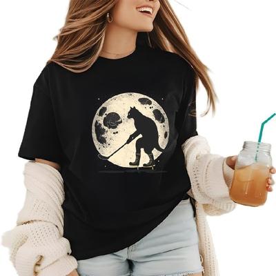 BlackCatHockeyMoonGraphicTeesMenWomenBoysGirlsT-Shirt(1) Classic-Premium-Heavyweight Crewneck T-Shirt, Sweatshirt Hoodie Tanktop for Women Black
