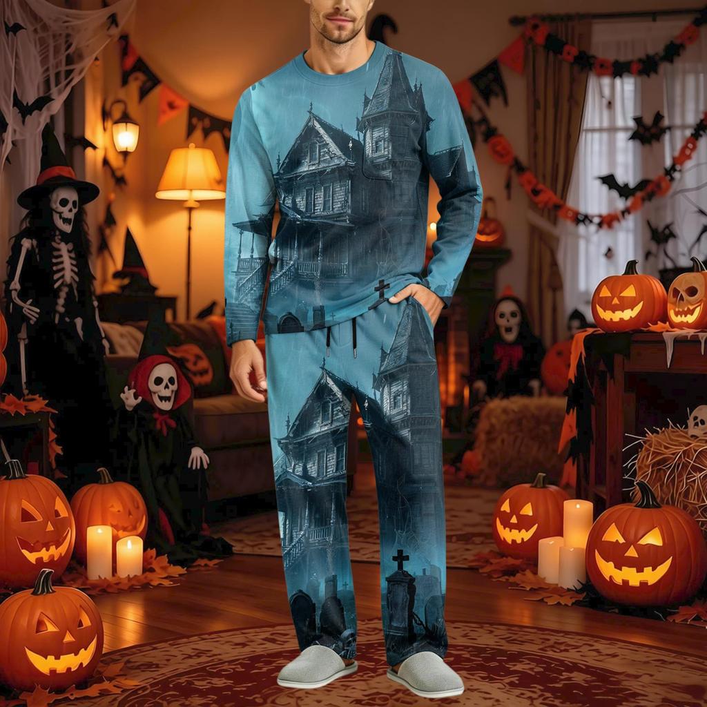 Men's Halloween Pajama Set Long Sleeve with Button Fly and Elastic Waist Drawstring for Sleepwear