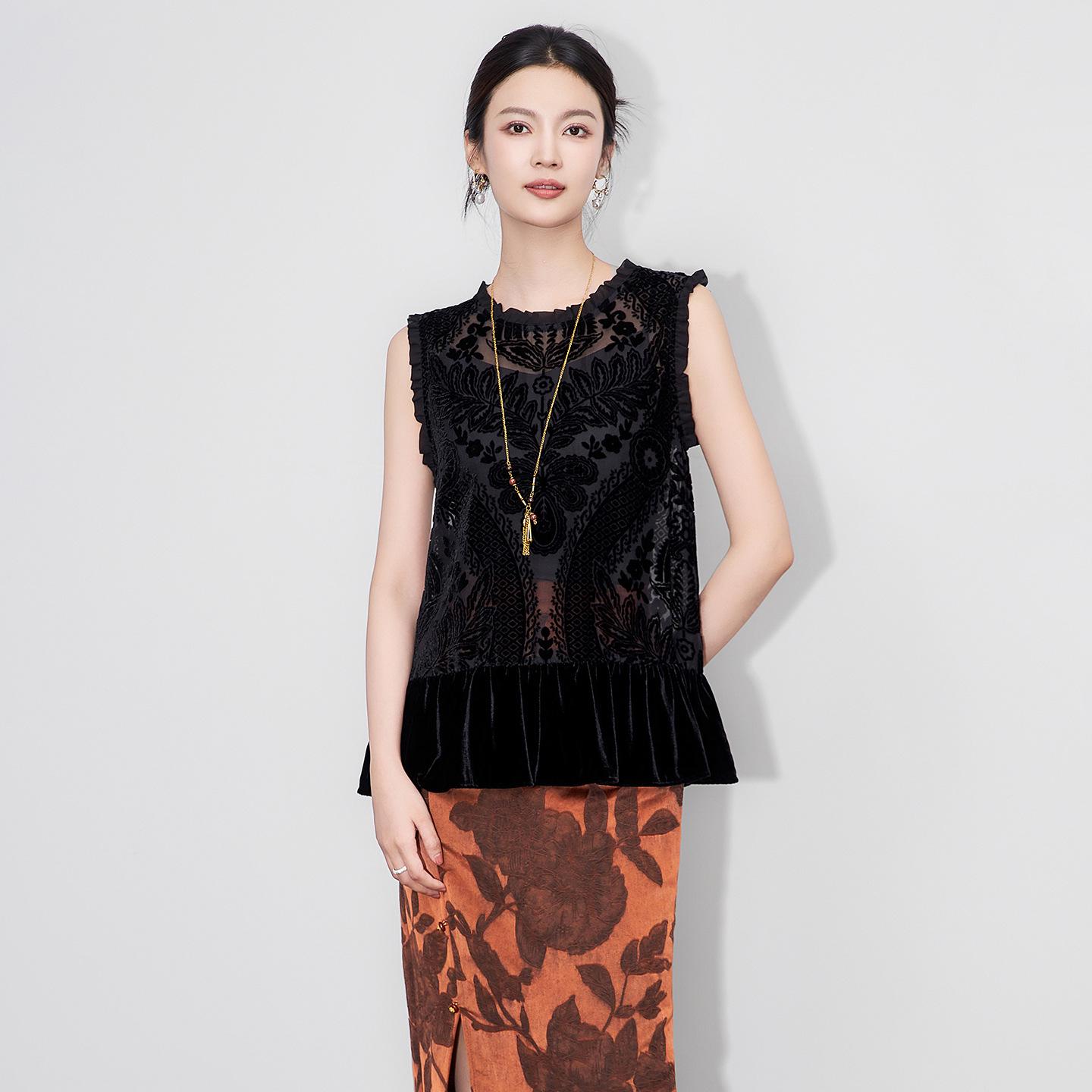 

Lightly Mature Temperament Flocked Ruffle Edge Vest – Early Autumn Round Neck Blouse for Women Small чорний