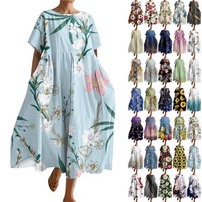 Women's Fashion Gradient Printed Round Neck Short Sleeved Loose Large Pocket Dress