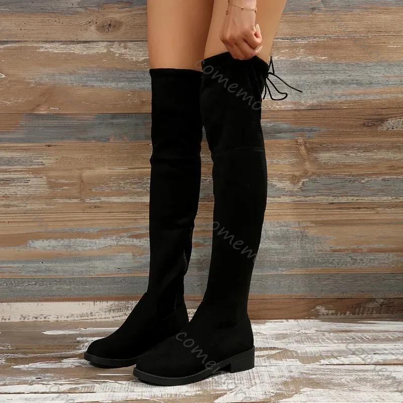 Comemore Over The Knee Boots Women Autumn Winter Short Plush Long Boots Woman Black Flock Low Heel Thigh High Botas
