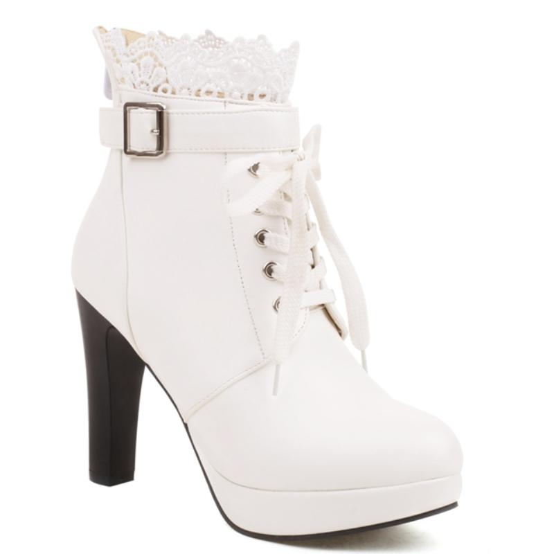 

Классические белые черные женские ботильоны осень зима короткие ботинки на платформе шнуровка высокие каблуки праздничная обувь туфли шнуровка большой размер 39 белый