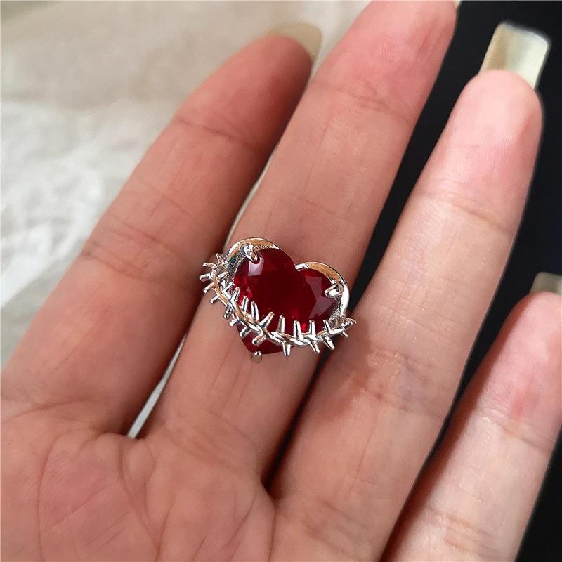 Goth Punk Retro Red Crystal Love Heart Cross Geometry Irregular Open Ring Set Y2K Halloween Accessories For Women  Jewelry