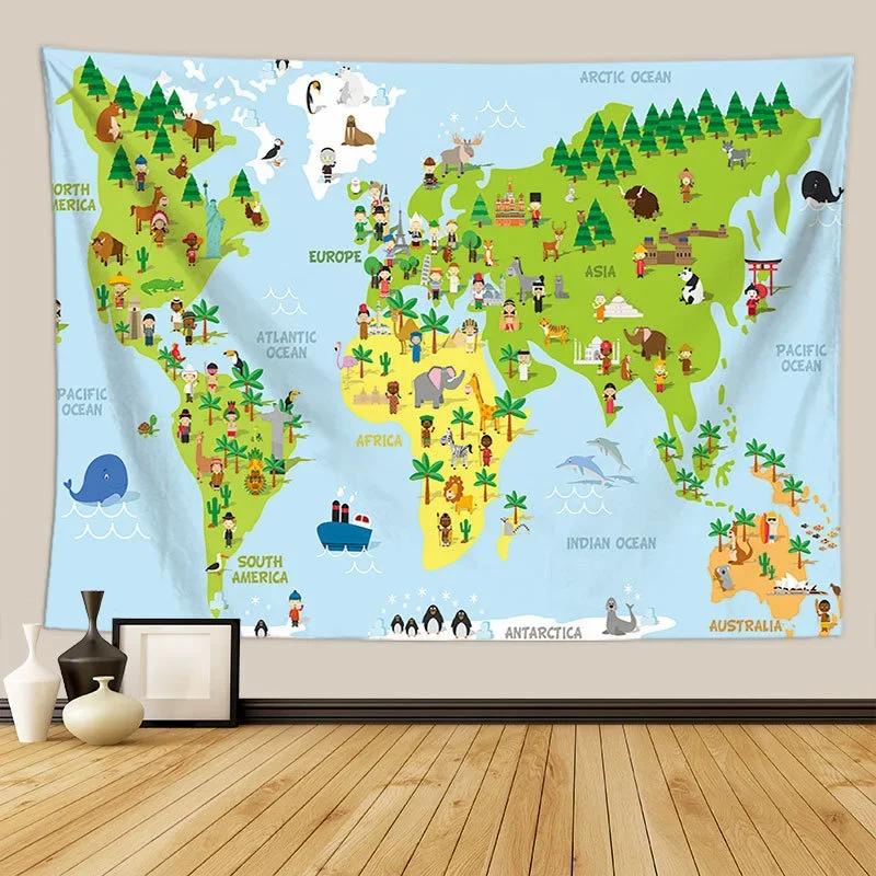 Nordic Style Animal World Map Tapestry Wall Hanging Children's Room Living Room Decor Beach Towel Thin Blanket Yoga Shawl Mat