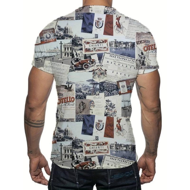 3D Abstract Newspaper Printed Short Sleeved Summer Men's Round Neck Top Men's T-shirts