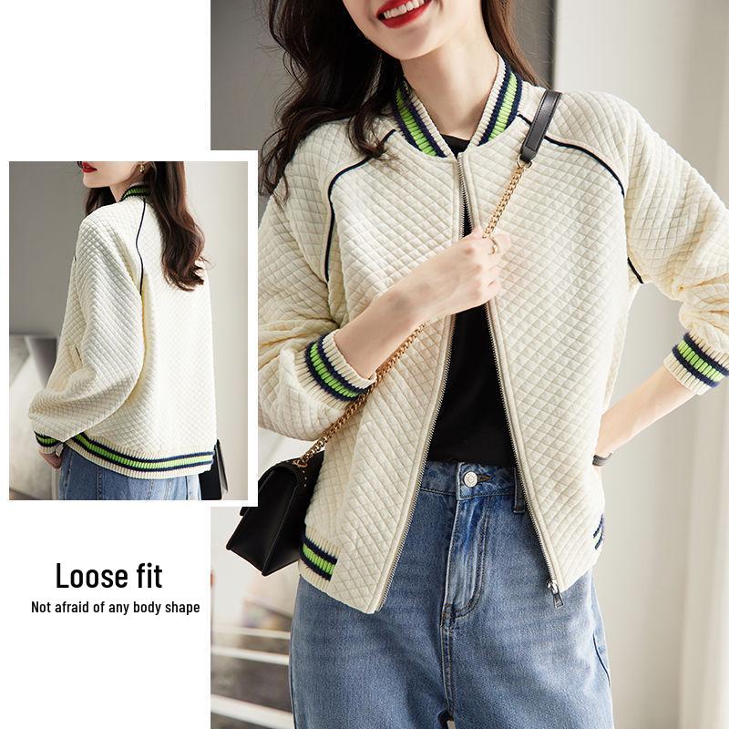 Women's Spring & Autumn 2023 Waffle Knit Baseball Jacket - Velvet, Casual Sportswear Top