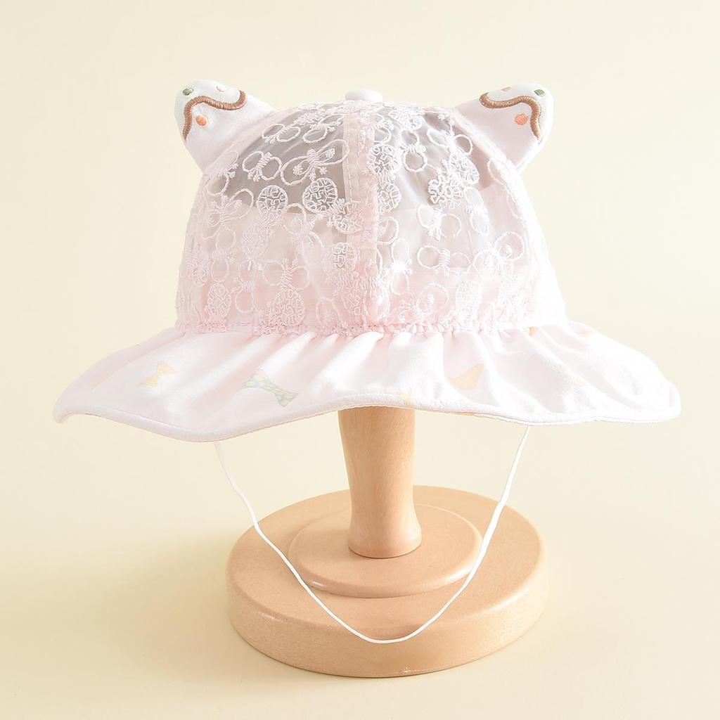 Children's Cartoon Cat Ear Lace Bucket Hat - Breathable, Versatile, with Wide Brim for Sun Protection