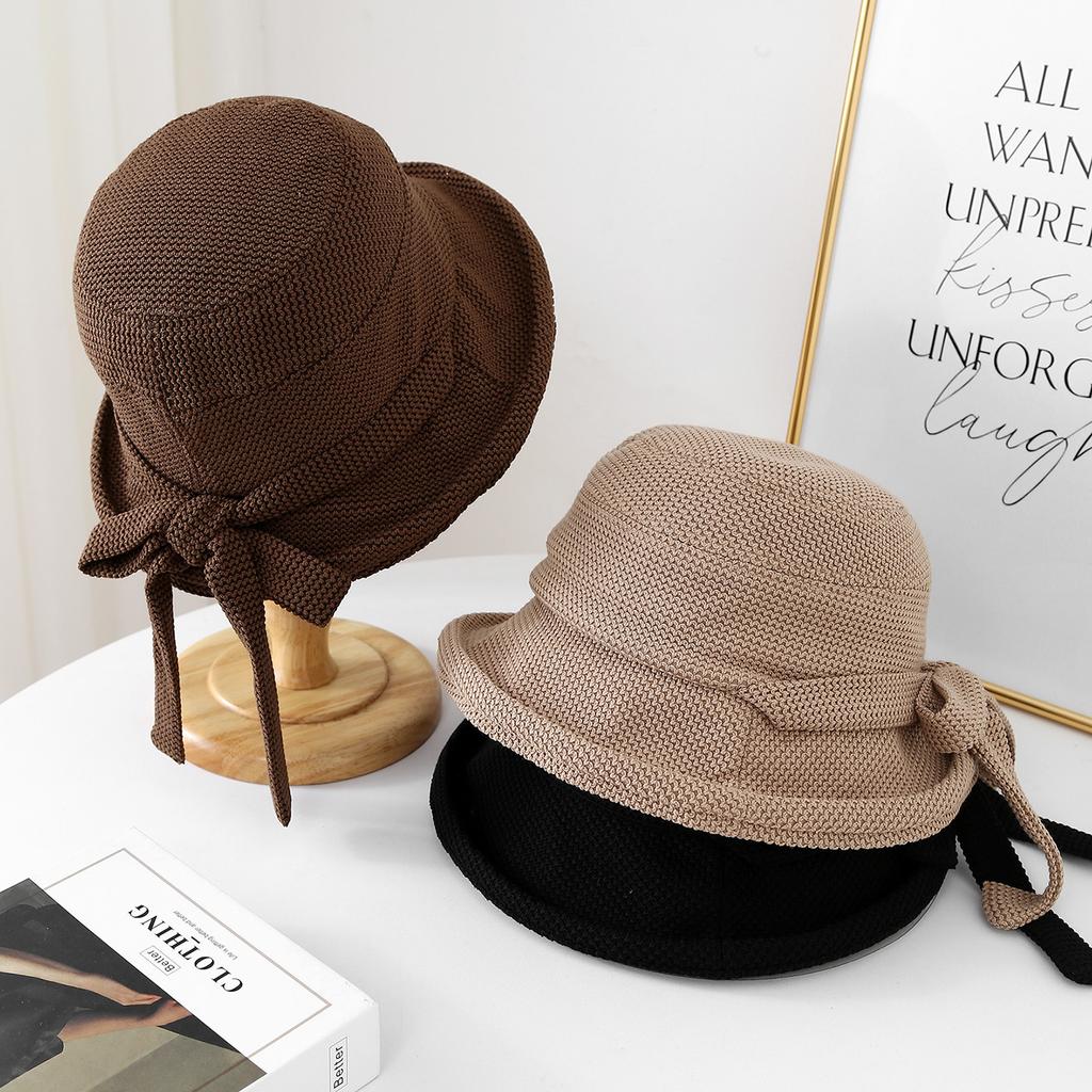 Bucket Hat Women Autumn Winter Vintage Breathable With Bowknot Knitted Fisherman Cap Female Sunscreen Bob