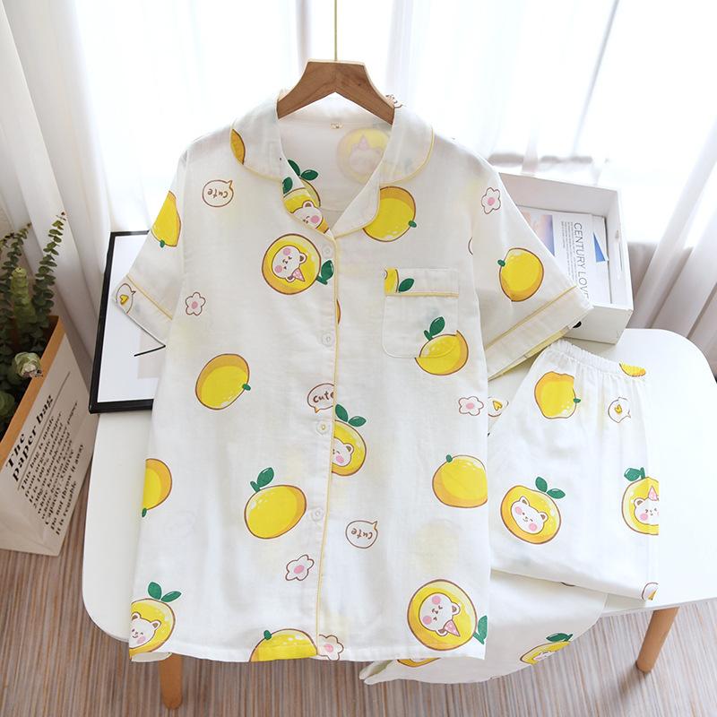 New Spring and Summer Short-sleeved Trousers Pajamas 2-piece Set 100% Cotton Gauze Flower Cartoon Home Wear Set