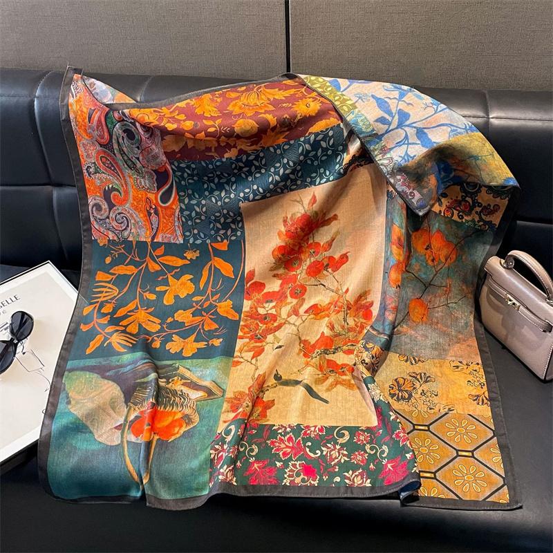 Double-Sided Faux Silk And Wool Printed Scarf For Women Spring And Autumn 90Cm Square Scarf Foulard Bandana Femmel Headscarf