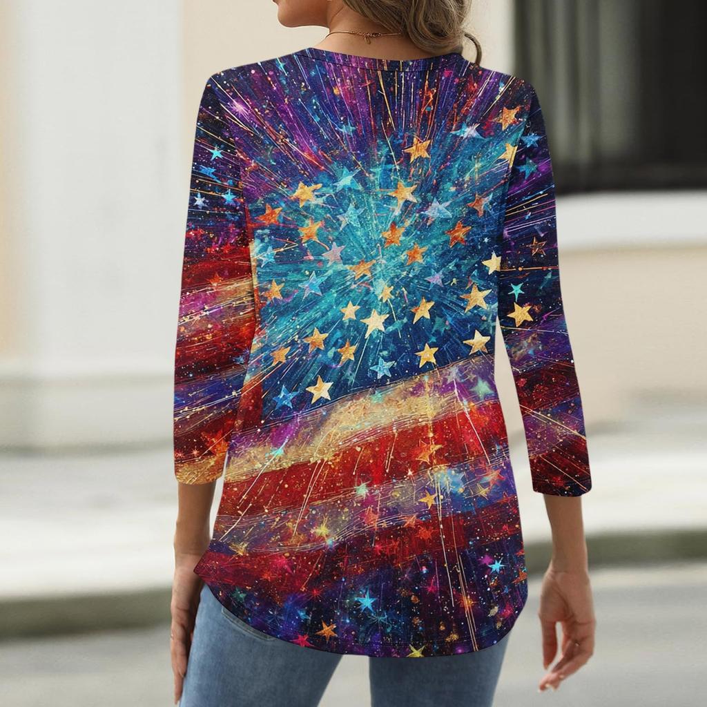 T-shirt Top Décontracté Tendance pour Femme Imprimé Drapeau Américain et Étoiles Fête de l'Indépendance Manches Trois-Quarts Col Rond
