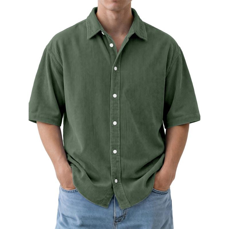 Mens Corduroy Short Sleeve Button Down Shirt Casual Spread Collar Solid Color Loose Fit Top