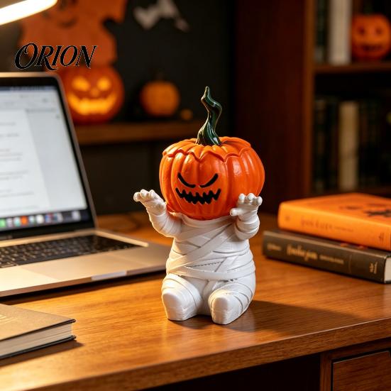 Halloween Themed Collectibles Pumpkin Head Mummy Statue, Funny Decorations, Cute Sitting Unique Party Supplies Resin Figurine for Desktop Shelf Sitter