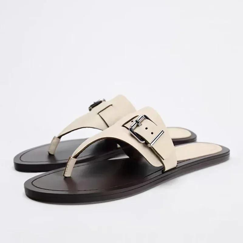 Women Flat Flip Flops  Summer Luxury  Buckle Belt Ladies Beach Shoes Non-slip Sole Outdoor Breathable Leisure Slippers 36