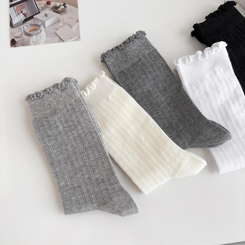 Solid Color Mesh Hollow Socks With Fungus Edge, Women'S Mid-Tube Socks, Trendy Cotton Socks, Summer Thin Ballet-Style Stockings