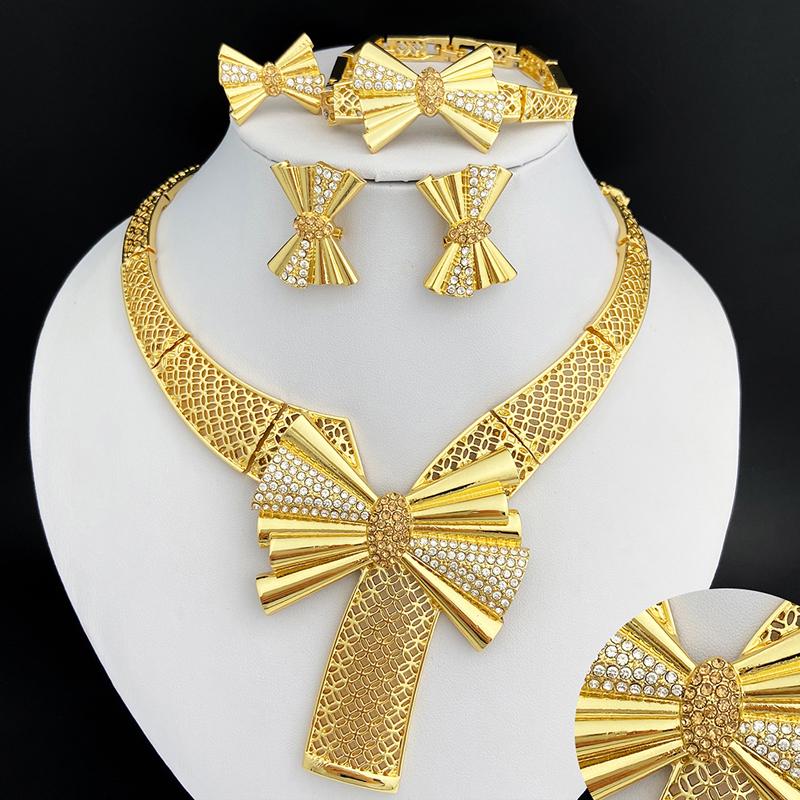 Italy 18k Gold Plated Women Zircon Set Classic Design Bowknot Necklace Earring Bracelet And Ring 4PCS Set Zircon Wedding Party