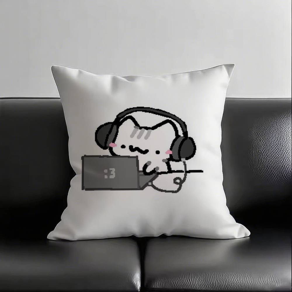 1pc Kitten With Headphones Pillow Case Square Bedroom Sofa Leisure Comfort Cushion Car Living Room Home Decoration