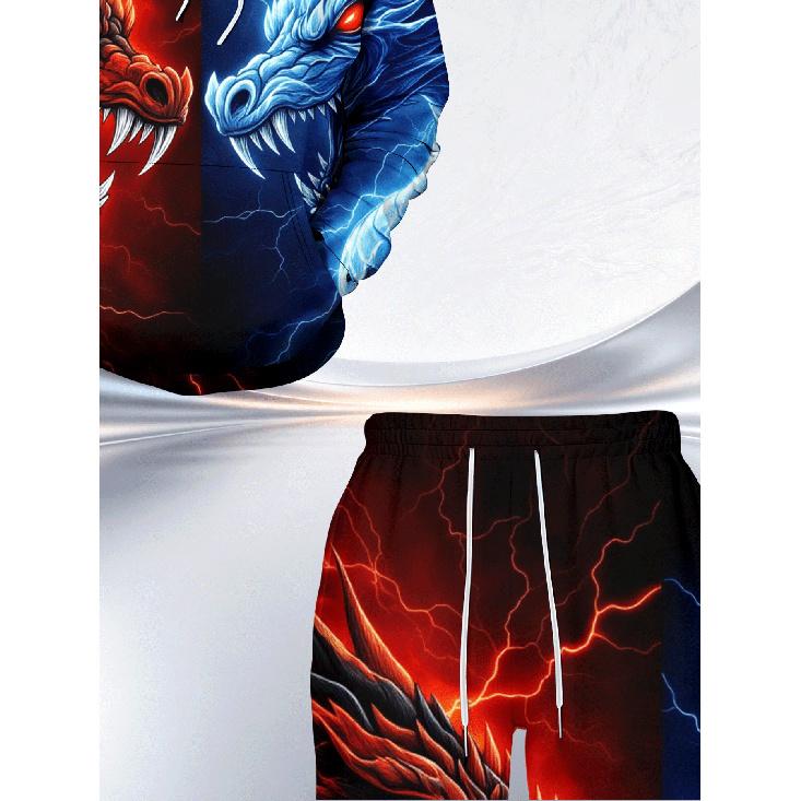Men's Casual Hooded Sweatshirt 2pcs Set with Ice and Fire Twin Dragons Chinese Style Vs. Fantasy 3D Printing