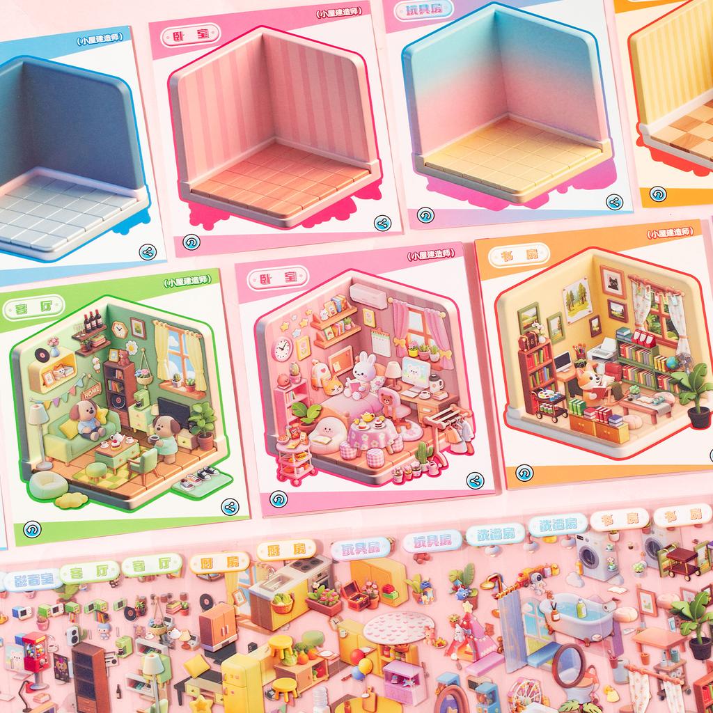 6/8in1 Kawaii Traumhaus 3D Cartoon Miniatur Szene Stickerbuch DIY Scrapbooking Stapelspiel Sticker Kinder Festival Geschenk
