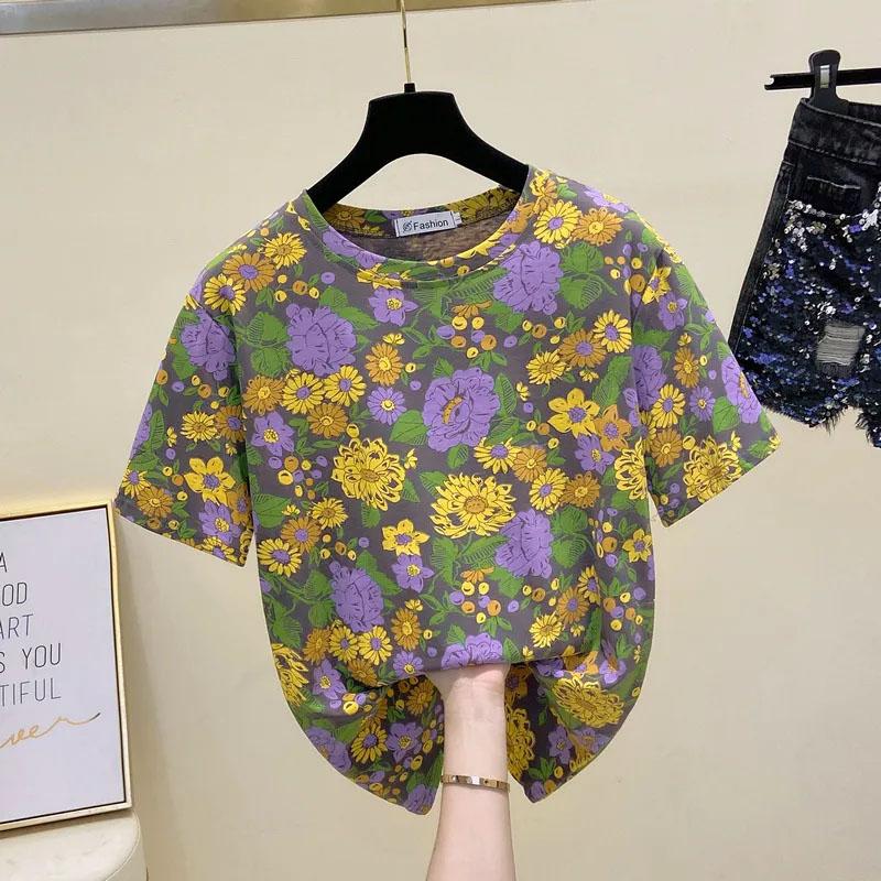 Tops Women Cotton Summer Large Size T-shirt Round Neck Loose Printed Casual Pullover T-shirt Top