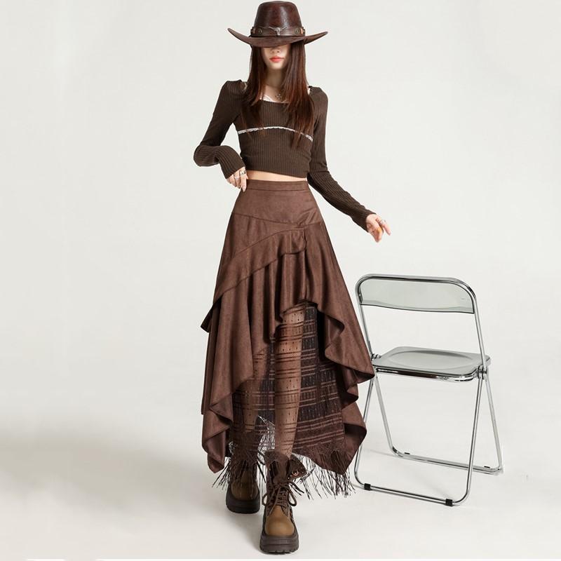 Wildleder-Spitzenrock Damen Hohe Taille Vintage Locker Lang