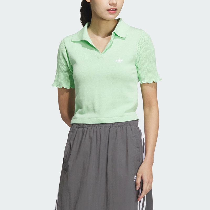 Adidas Knit Polo Shirt With Small Embroidered Logo Women Tops Light-Green JC7859