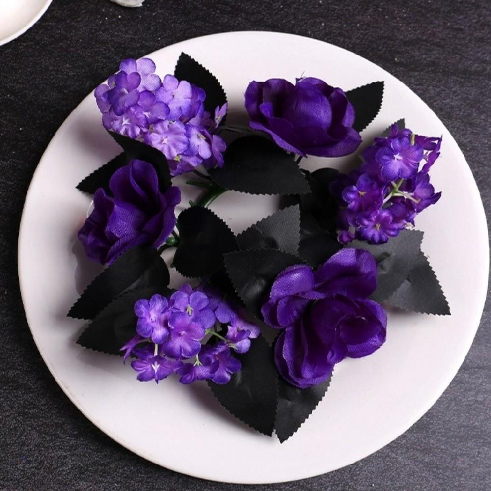 Purple Artificial Rose Flowers Spooky Table Candle Holders Halloween Candle Rings Dining Table