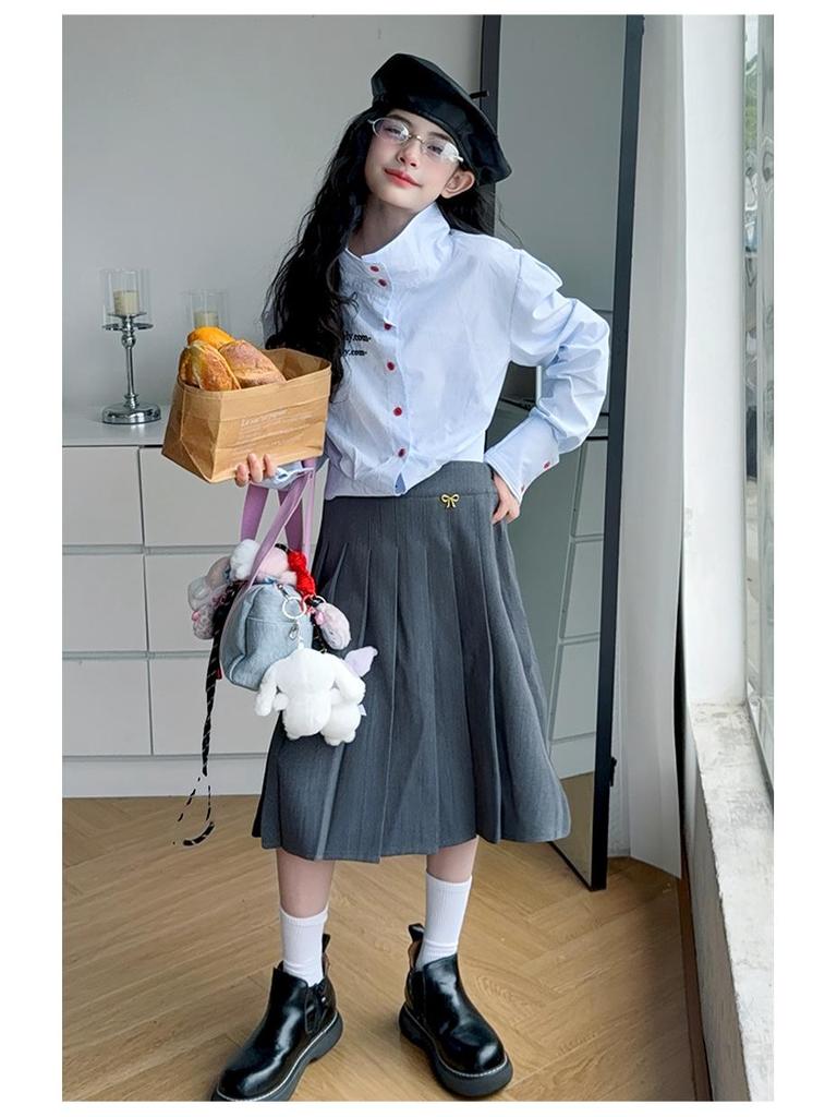 2025 Girls' Mid-Length Pleated Skirt with Bow & Metal Logo - Spring & Autumn Wear