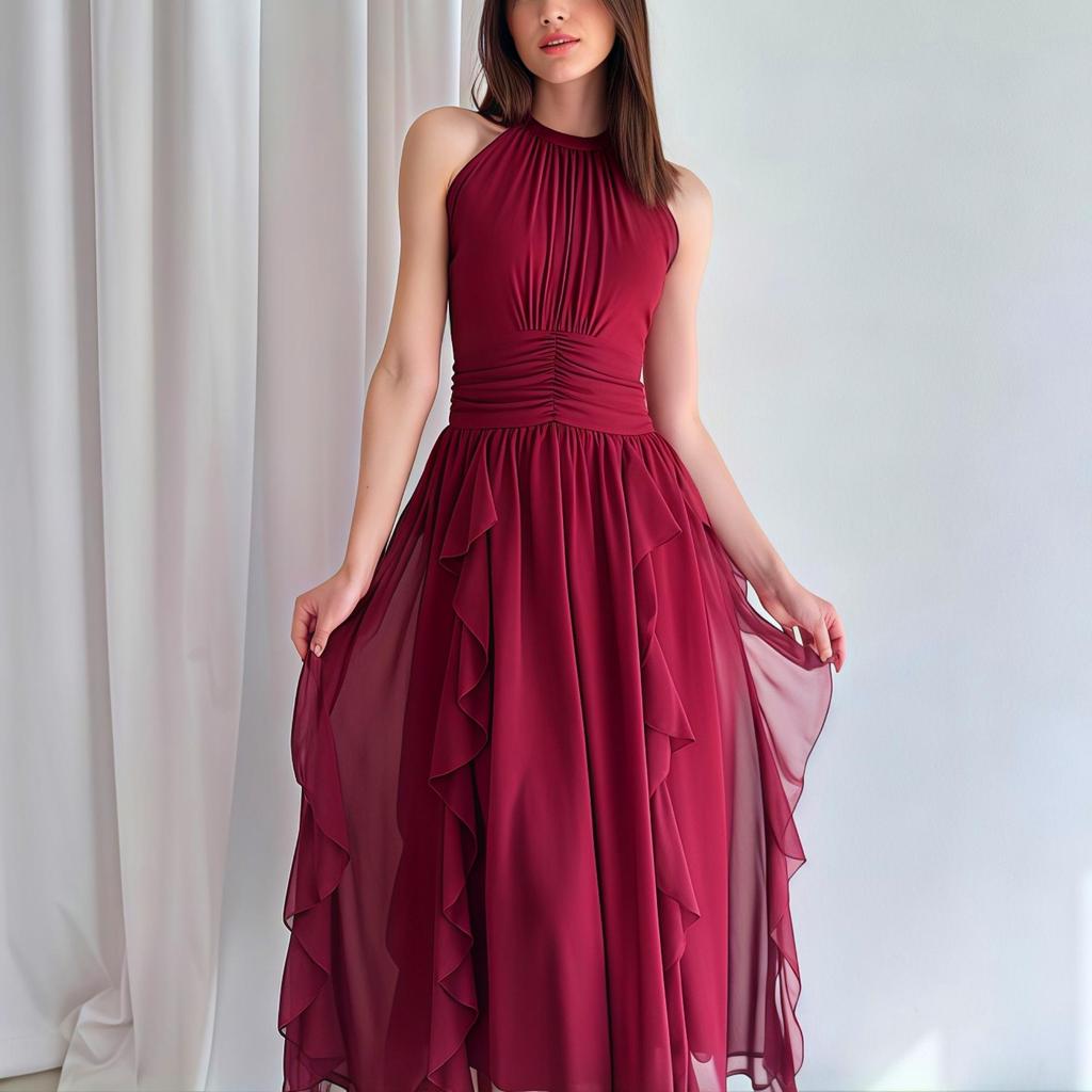 European & American Style 2025 Summer Women's French Ruffle Waist Slimming Dress