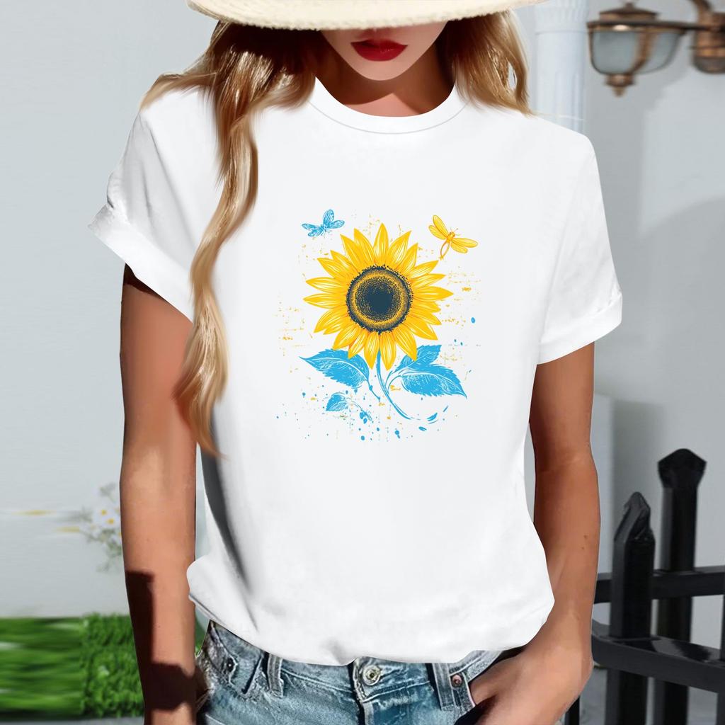 Damen Modisches Rundhals Casual Retro Print Kurzarm T-Shirt Top